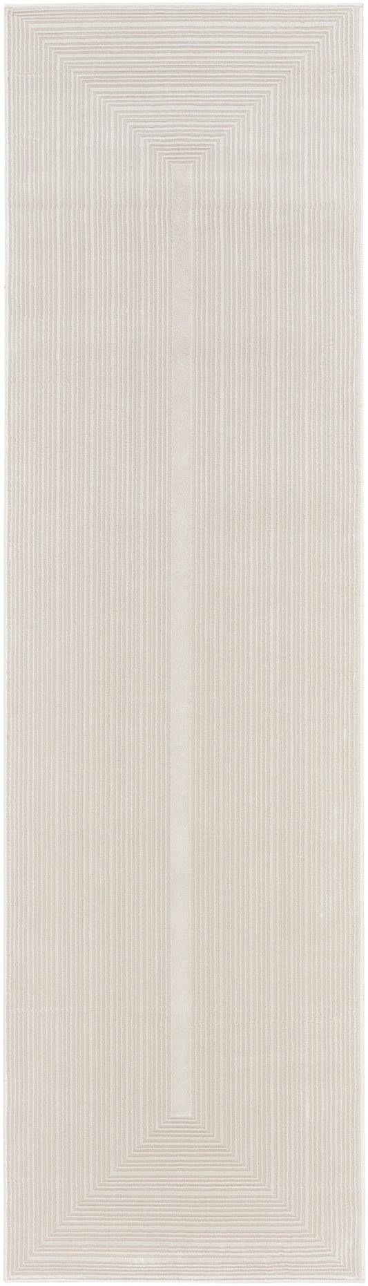 Beige woven rug runner with concentric rectangle stripe pattern for modern minimalist interiors.
