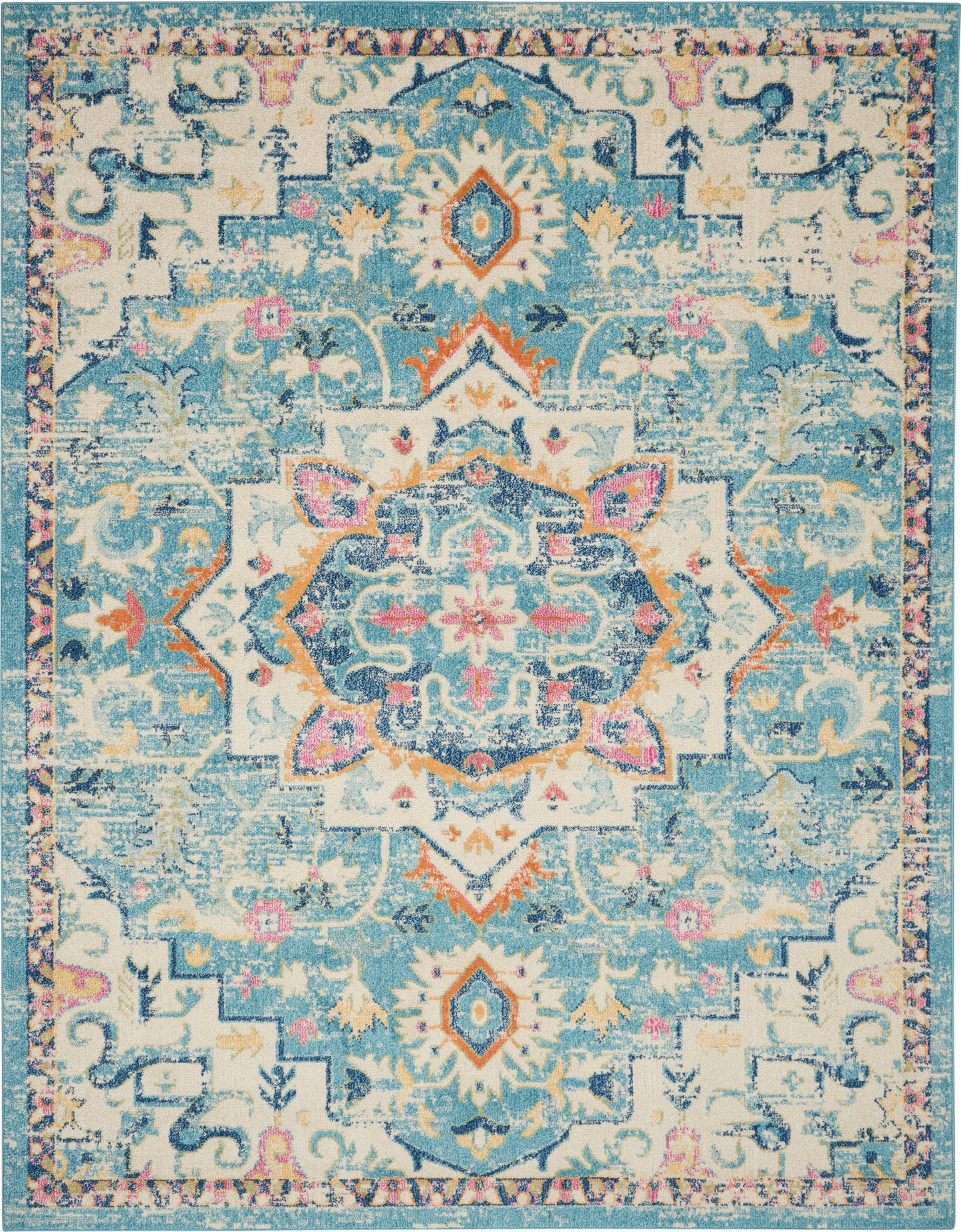 Pastel teal and cream oriental rug with central medallion, peach and pink accents, distressed floral border.