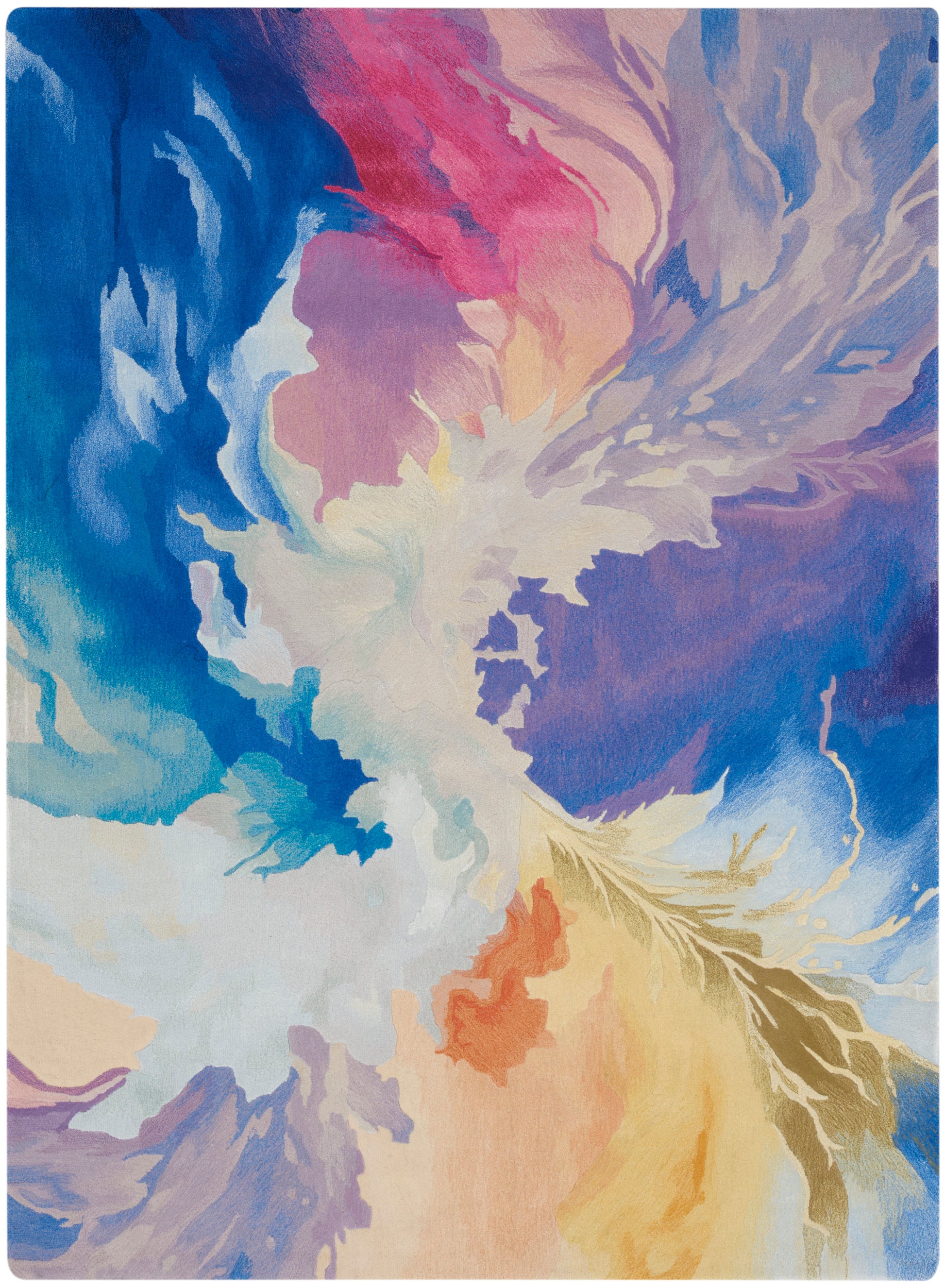 Abstract watercolor-style area rug with swirling blues, purples, pinks, peach and cream.