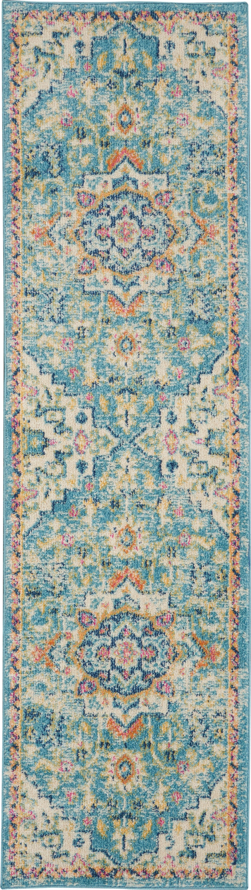 Turquoise distressed runner rug with cream, pink & yellow accents; ornate medallion pattern, hallway decor.