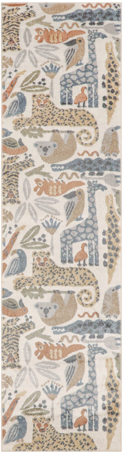 Boho woven textile with repeating beige, blue, orange and gray animal and leaf motifs; versatile throw, rug or wall hanging.