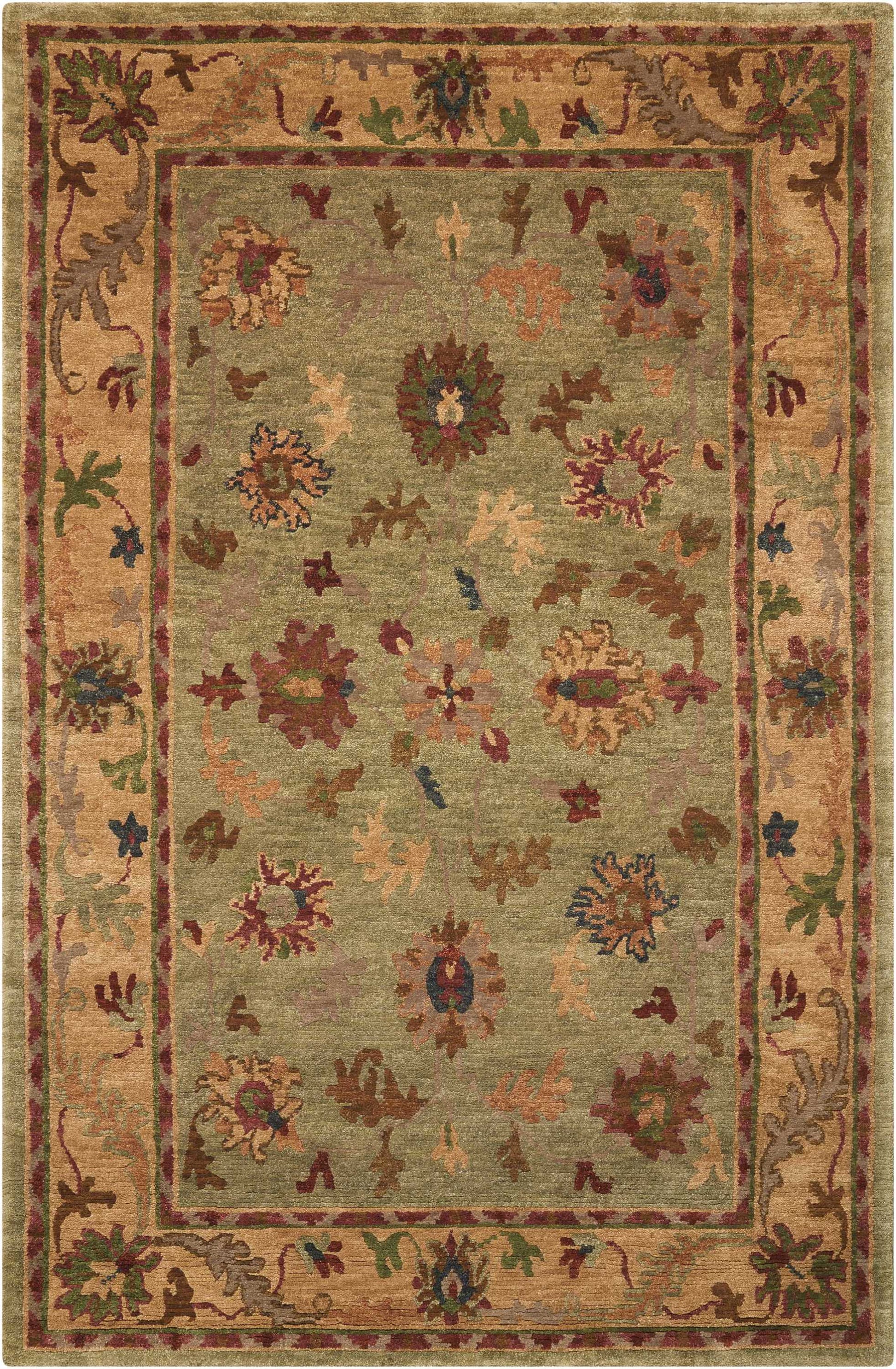Green center-field oriental rug with multicolored floral motifs; tan border with scrolling vines in gold, pink, blue, red.