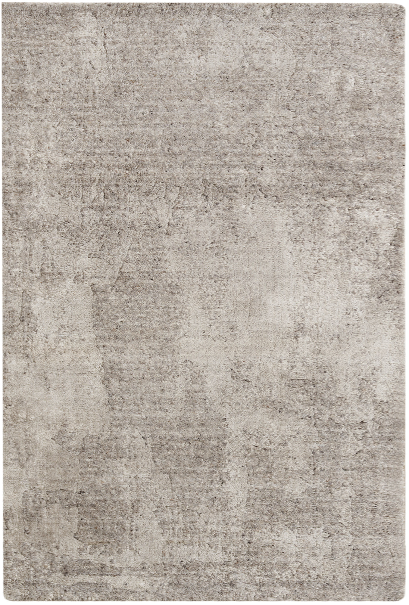 Beige distressed area rug with taupe undertones, subtle mottled texture and rectangular soft pile.