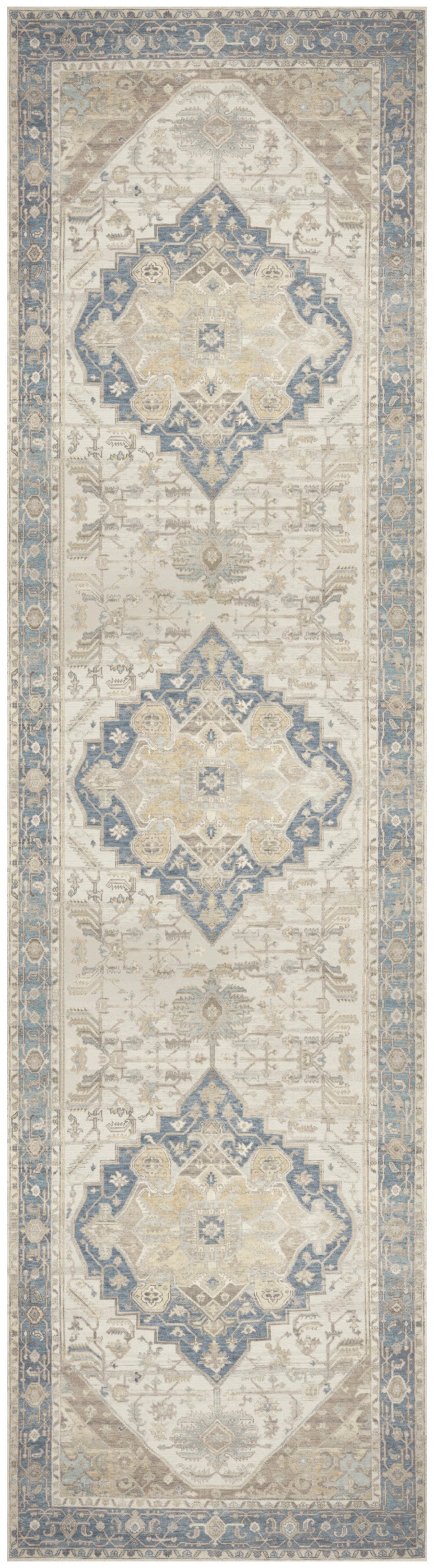 Cream and beige runner rug with blue-gray diamond medallions and decorative borders.