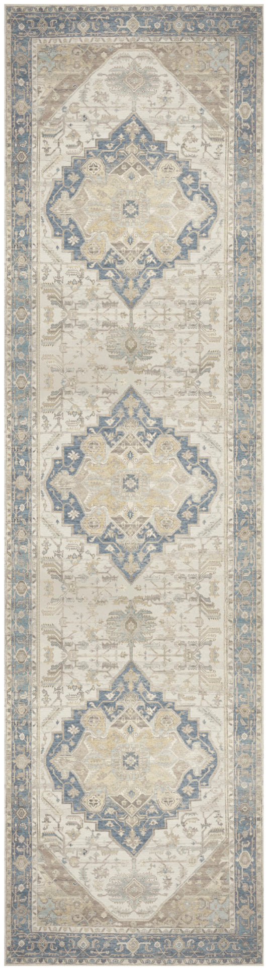 Cream and beige runner rug with blue-gray diamond medallions and decorative borders.