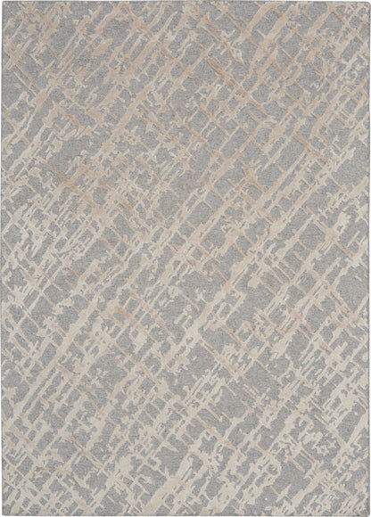 Rectangular gray area rug with beige diagonal lattice pattern; soft, textured woven look for modern living spaces.