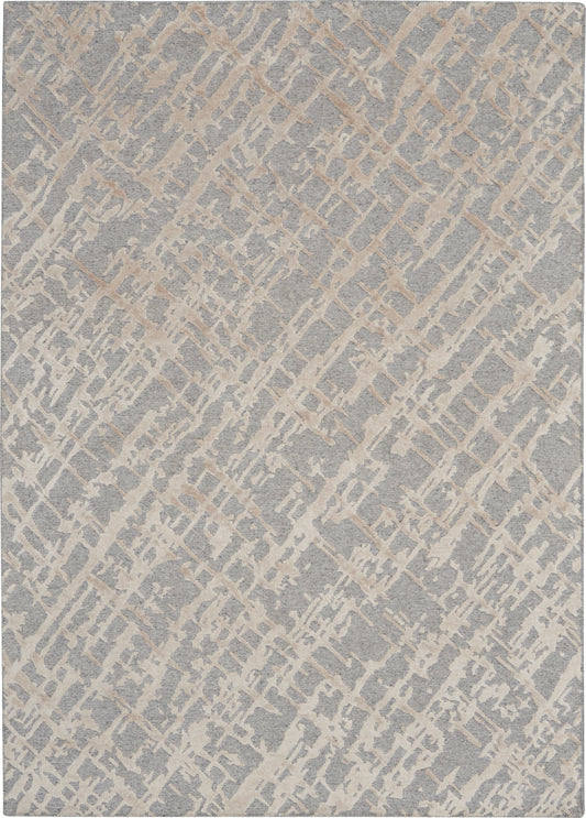 Rectangular gray area rug with beige diagonal lattice pattern; soft, textured woven look for modern living spaces.