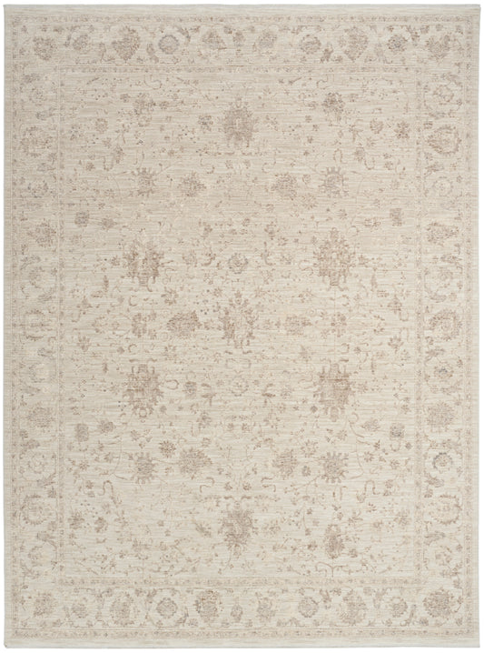 Cream-beige oriental rug with subtle taupe floral medallions and decorative border in vintage style.