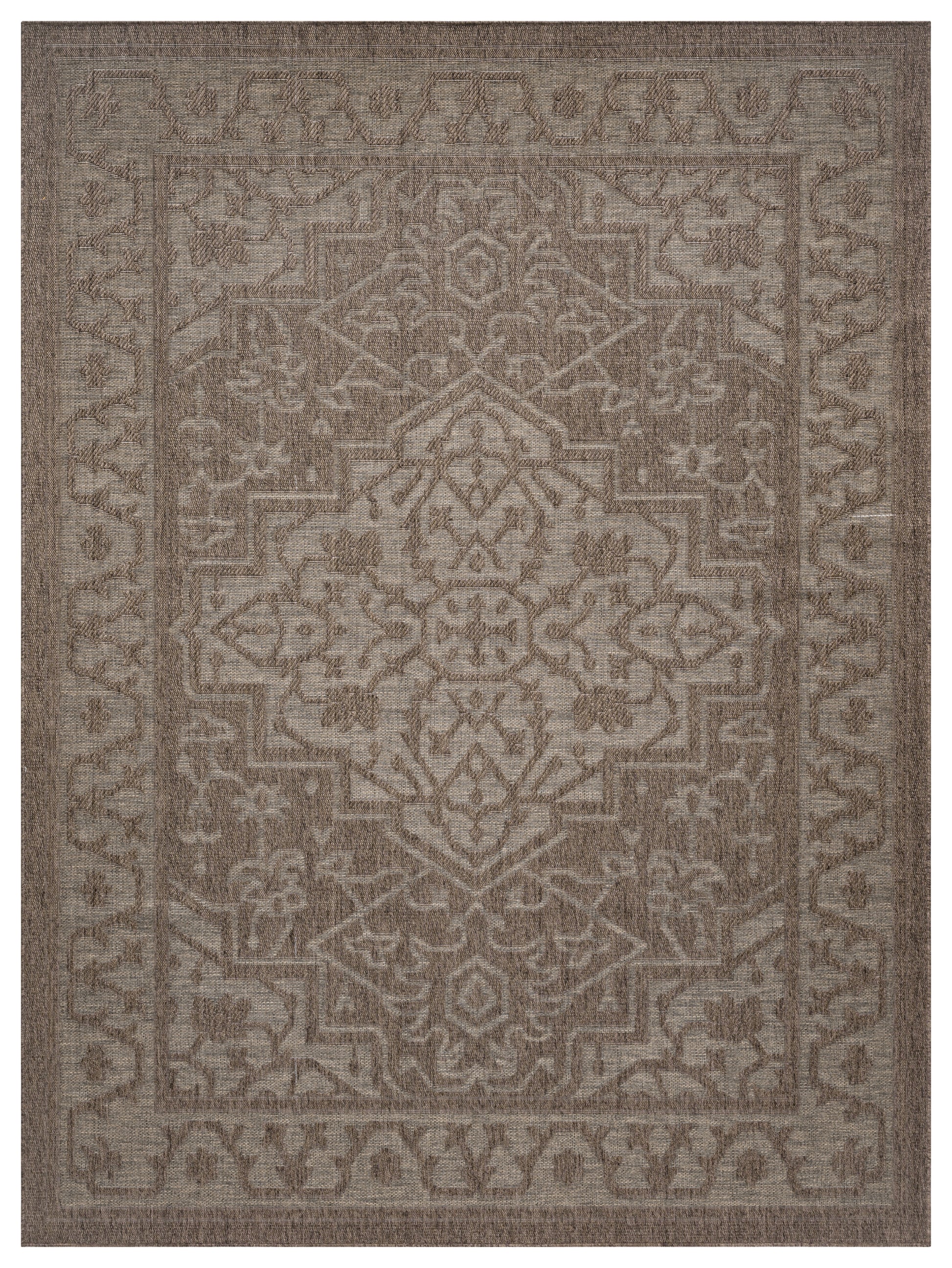 Taupe-brown oriental area rug with faded central medallion and ornate border, woven texture.