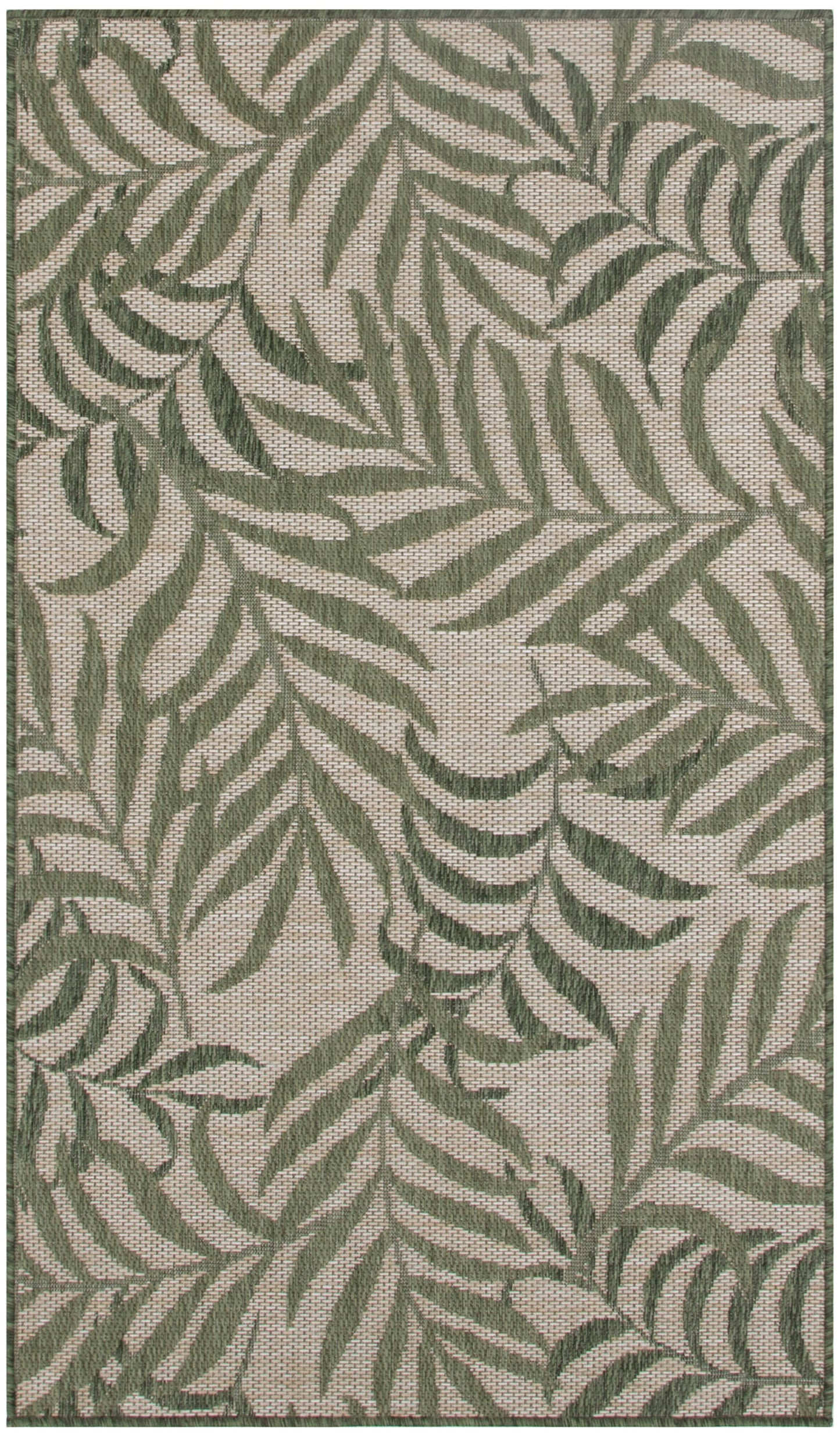 Rectangular rug with olive-green tropical leaf pattern on beige woven background, textured surface.