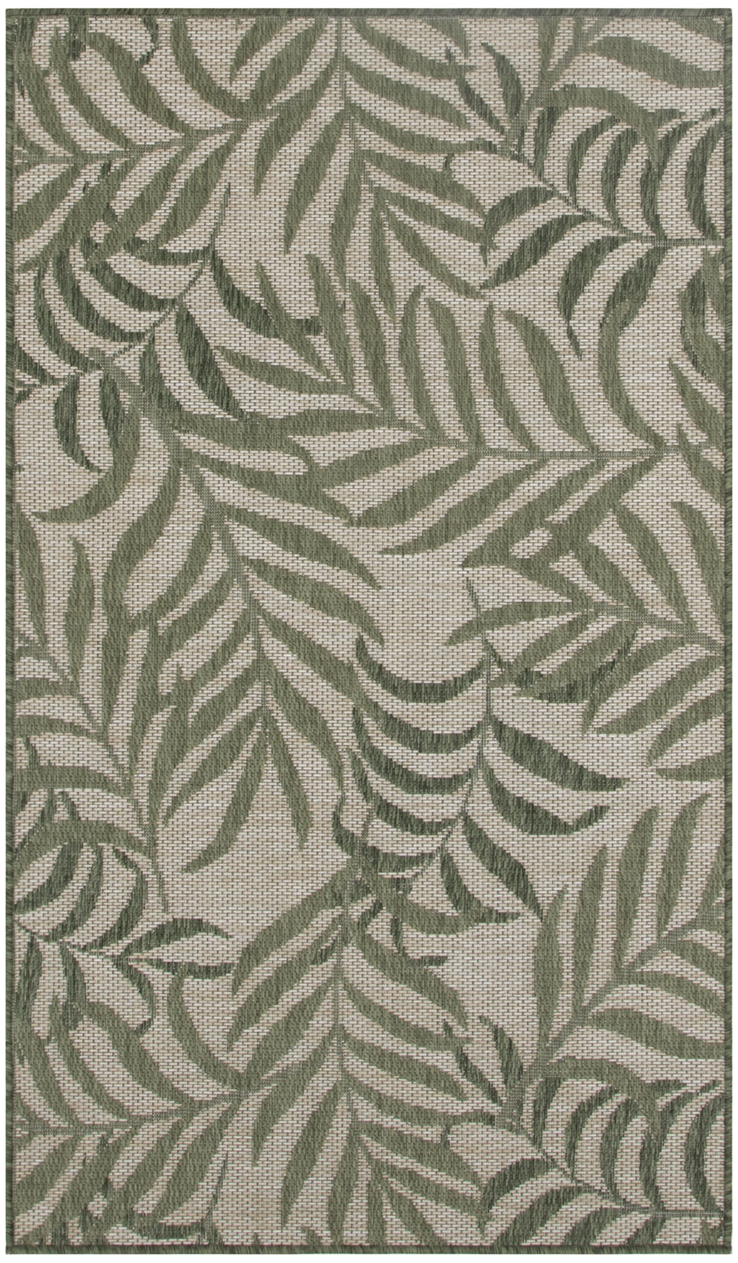 Rectangular rug with olive-green tropical leaf pattern on beige woven background, textured surface.