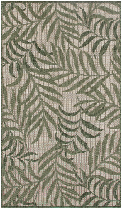 Rectangular rug with olive-green tropical leaf pattern on beige woven background, textured surface.