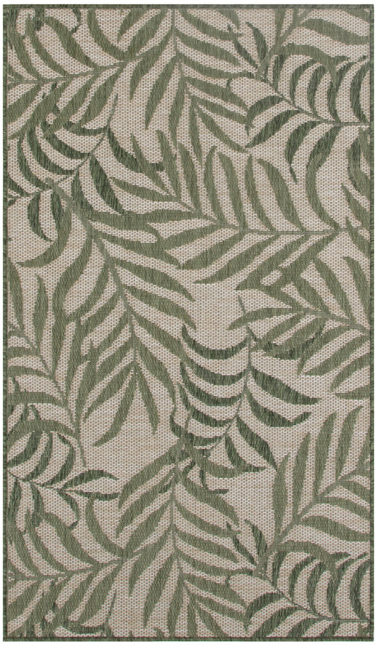 Rectangular rug with olive-green tropical leaf pattern on beige woven background, textured surface.