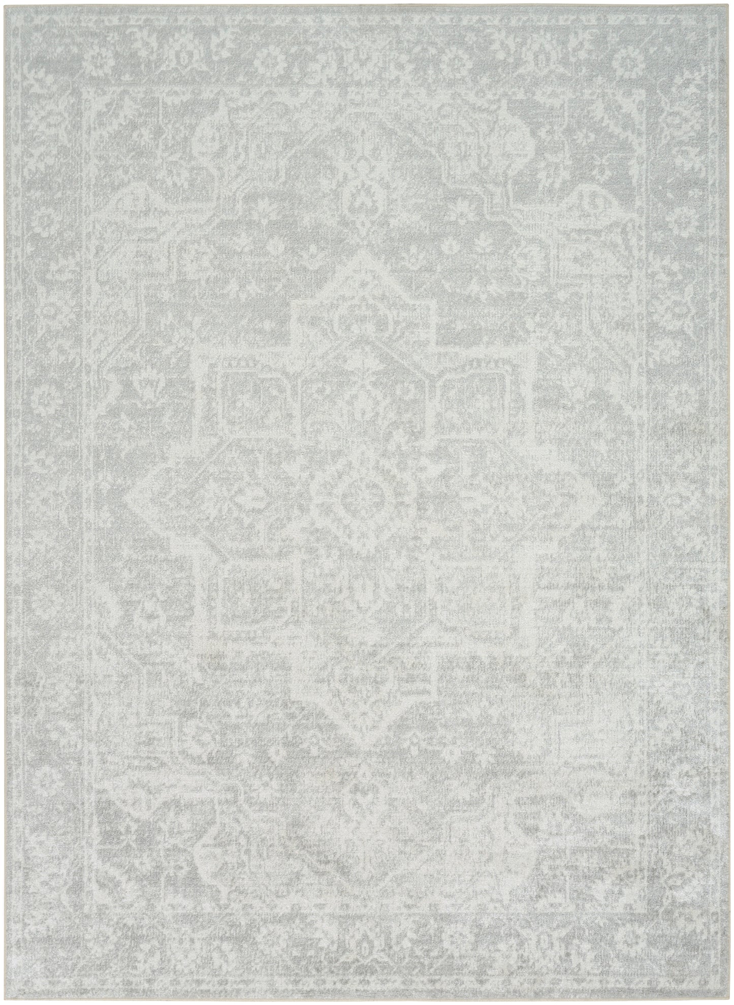 Light gray distressed oriental rug with a faded medallion pattern; vintage decorative floor covering.