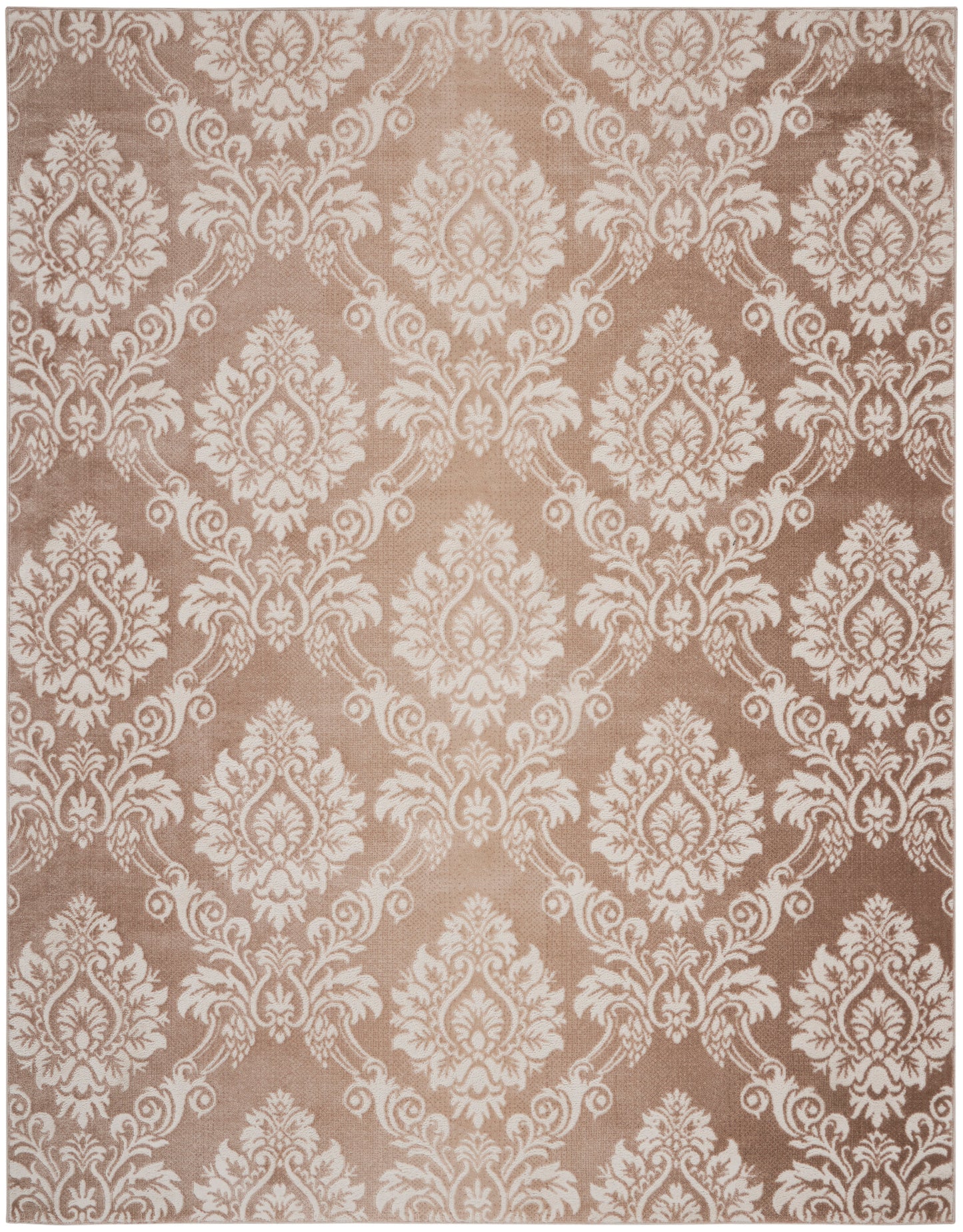 Beige-brown damask patterned rug with ivory ornate floral medallions; classic vintage decor.