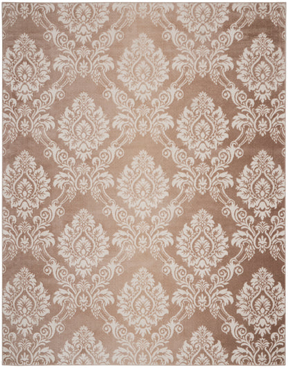 Beige-brown damask patterned rug with ivory ornate floral medallions; classic vintage decor.