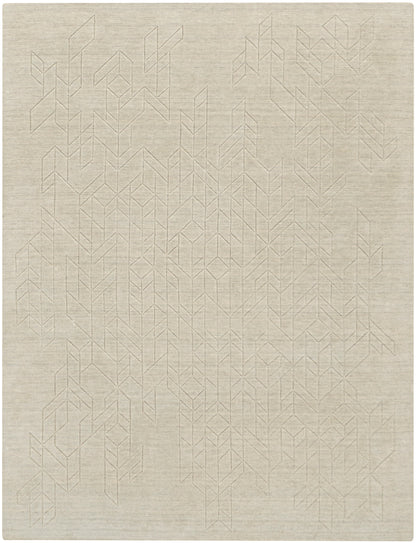 Beige woven area rug with subtle pale geometric chevron and leaf pattern; modern, neutral decor.