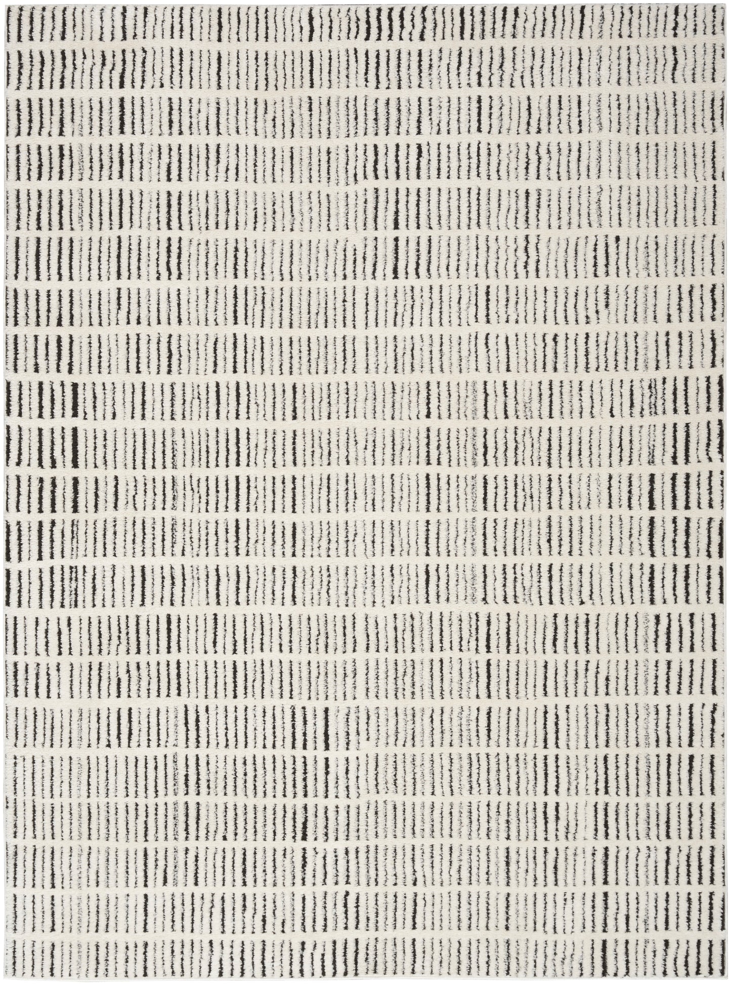 Beige textured rug with repeating black dash lines forming a horizontal striped pattern across its surface.