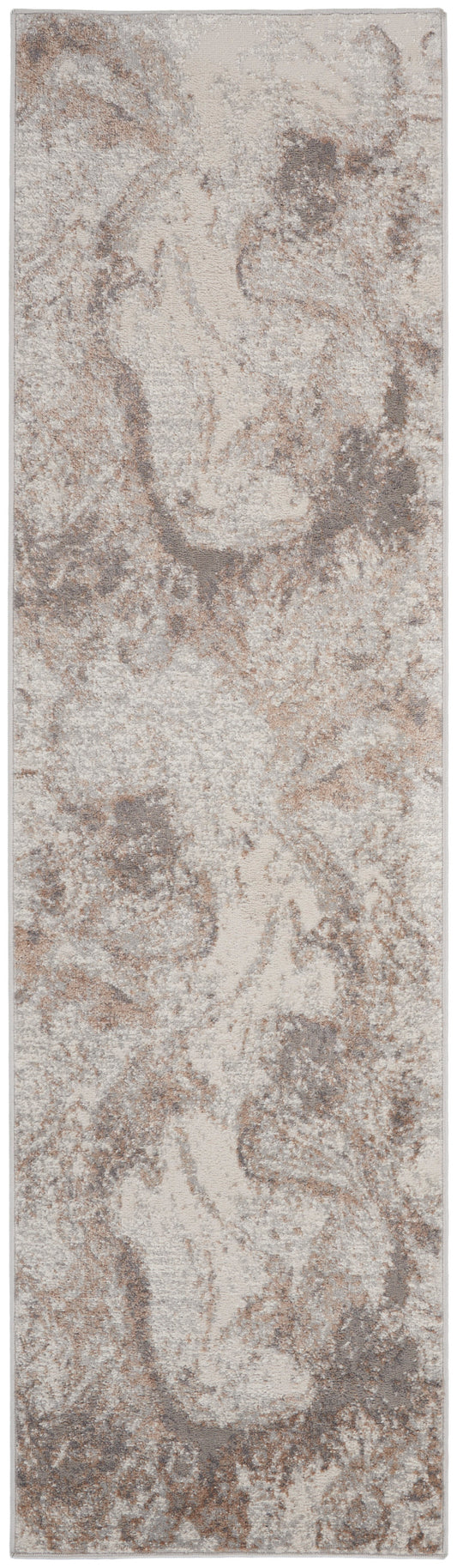Neutral beige-taupe abstract-pattern rug runner with marble-like swirls; versatile for hallway or entryway decor.