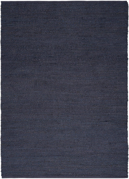 Dark navy blue rectangular rug with dense looped weave and soft texture; versatile floor covering.
