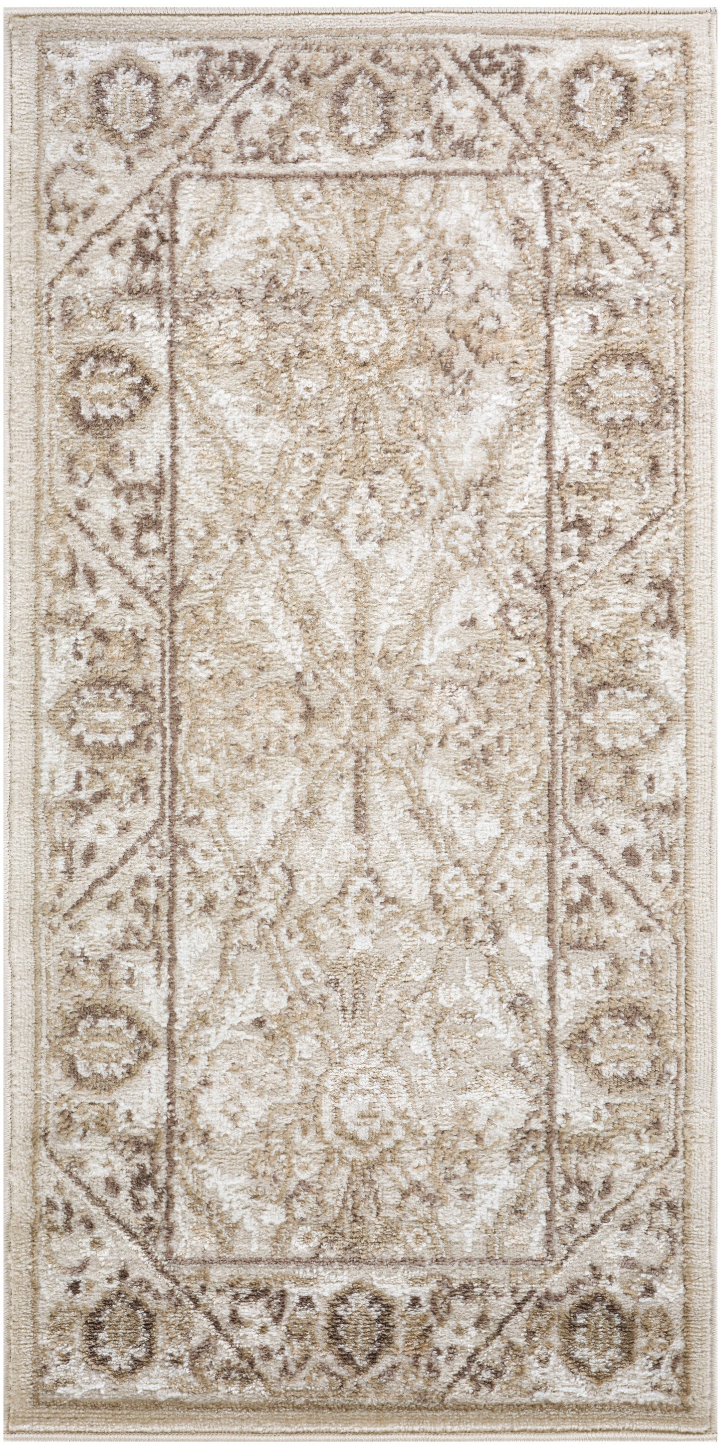 Beige traditional area rug with ivory-taupe damask pattern and ornate floral border.