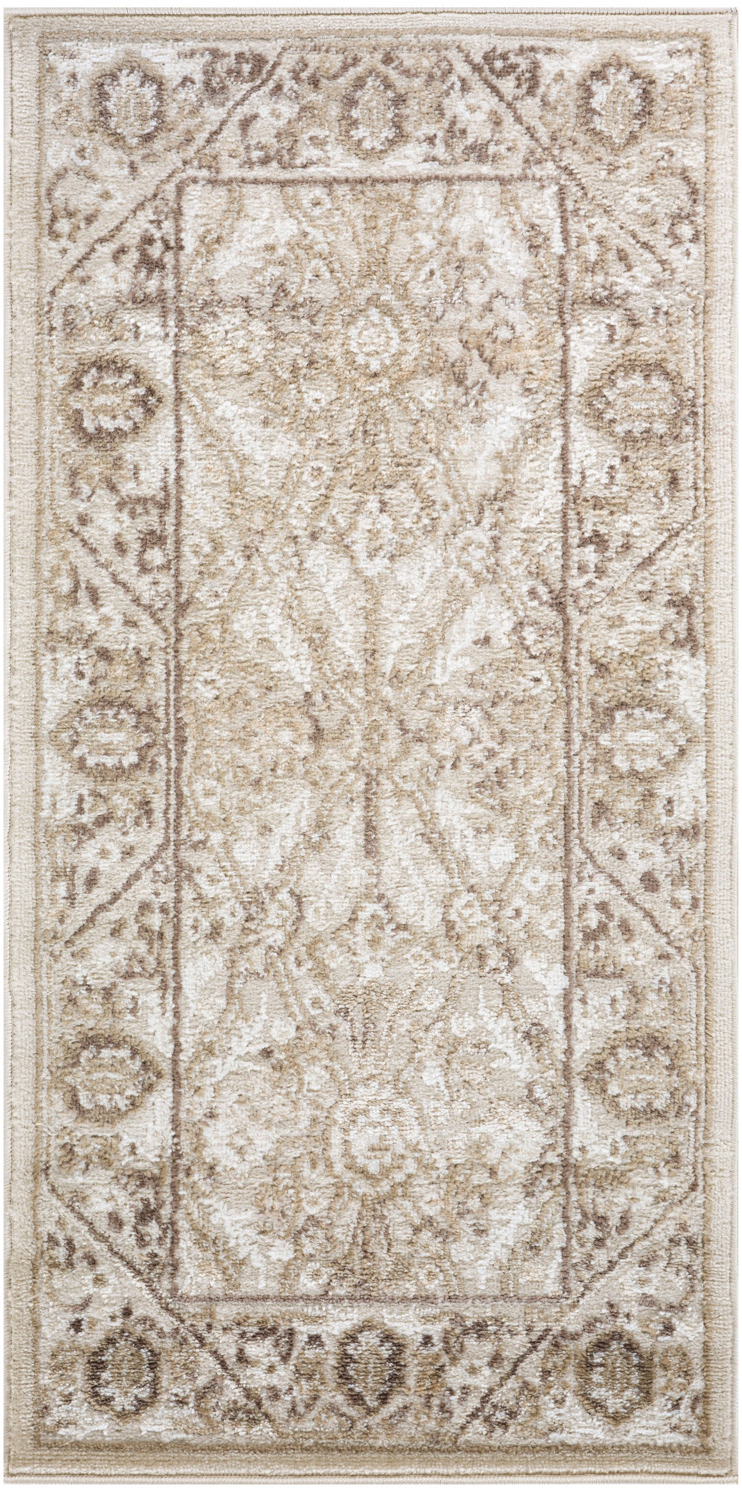 Beige traditional area rug with ivory-taupe damask pattern and ornate floral border.
