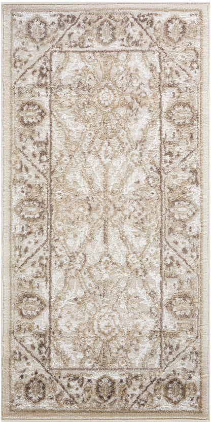 Beige traditional area rug with ivory-taupe damask pattern and ornate floral border.