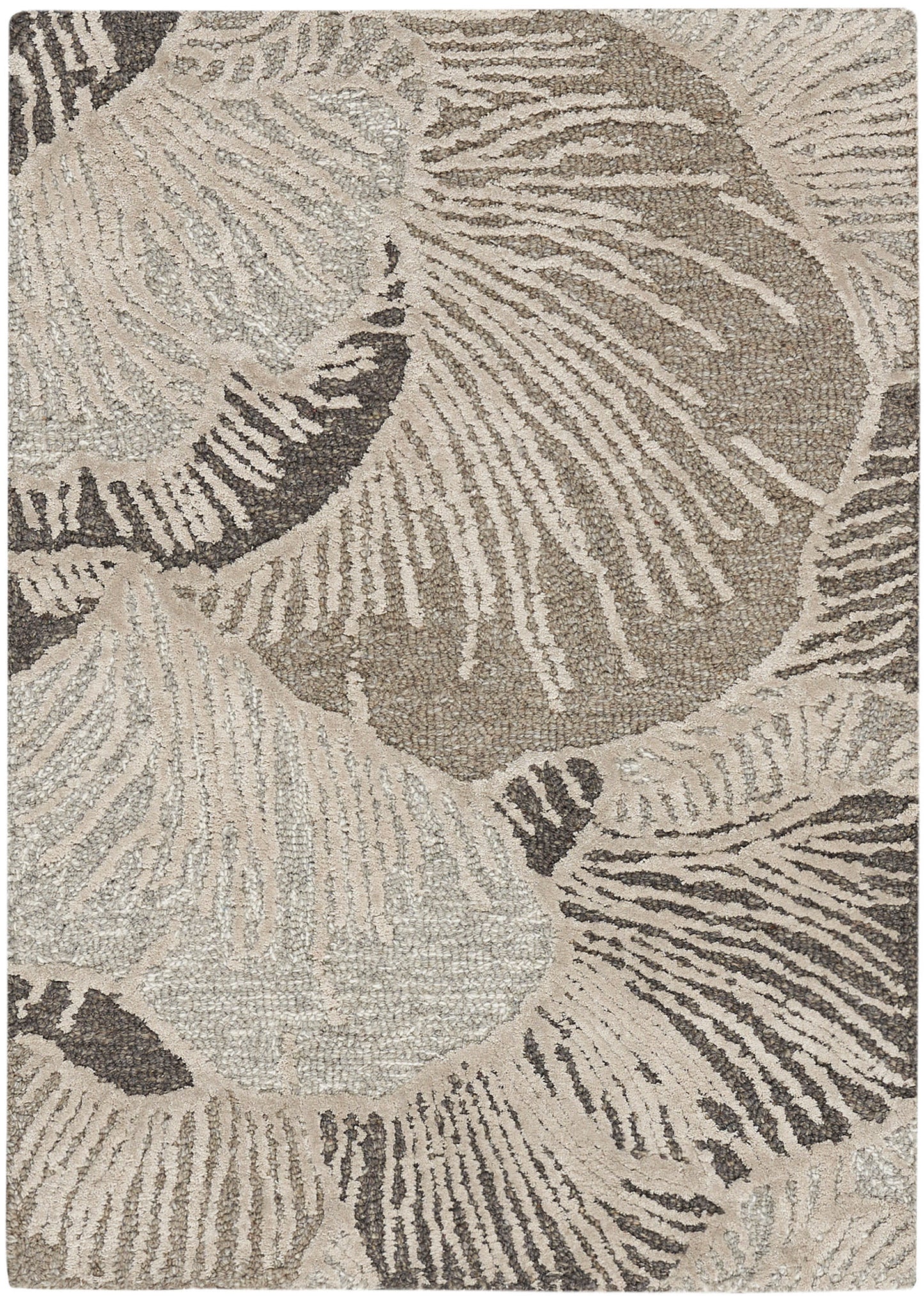 Neutral-toned woven rectangular rug with large abstract botanical leaf pattern in cream and taupe.