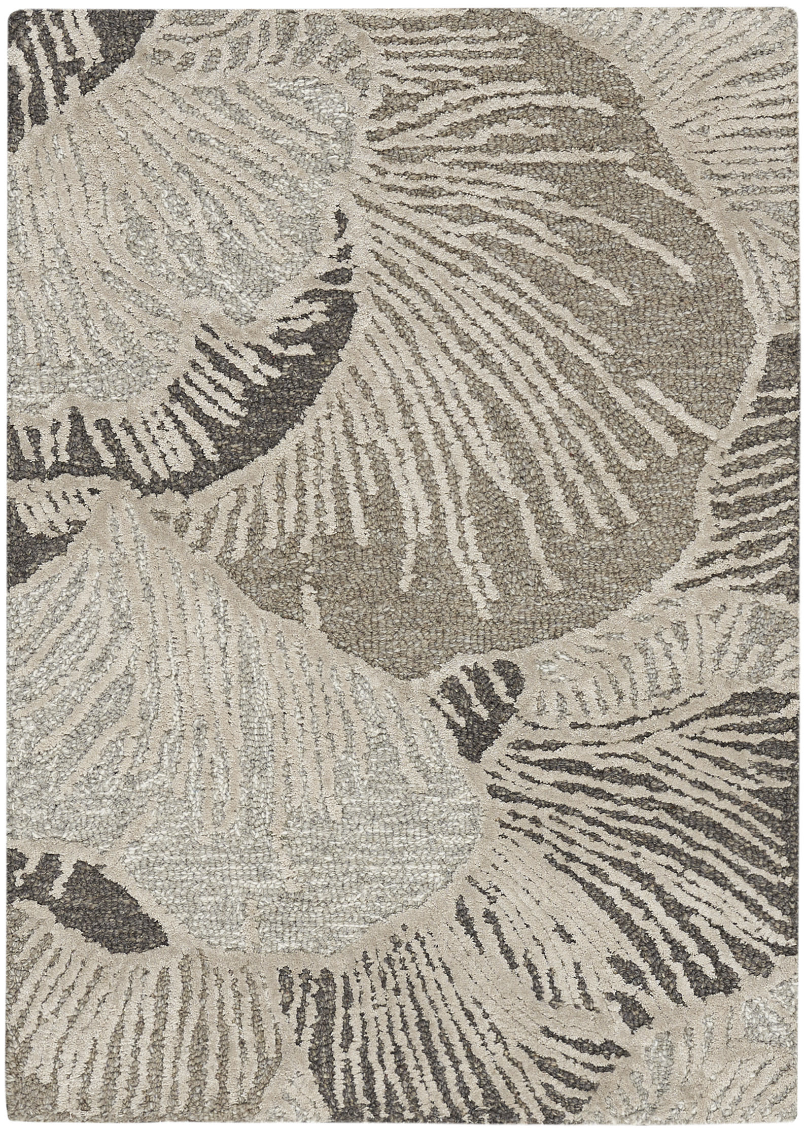 Neutral-toned woven rectangular rug with large abstract botanical leaf pattern in cream and taupe.