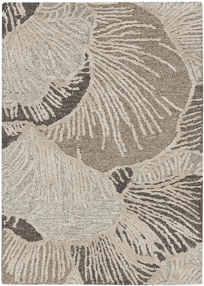 Neutral-toned woven rectangular rug with large abstract botanical leaf pattern in cream and taupe.