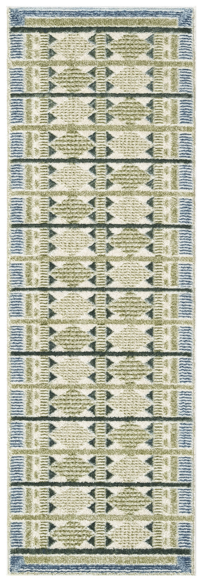 Beige woven runner rug with blue & olive geometric tribal pattern, plush tufted pile, long narrow design.