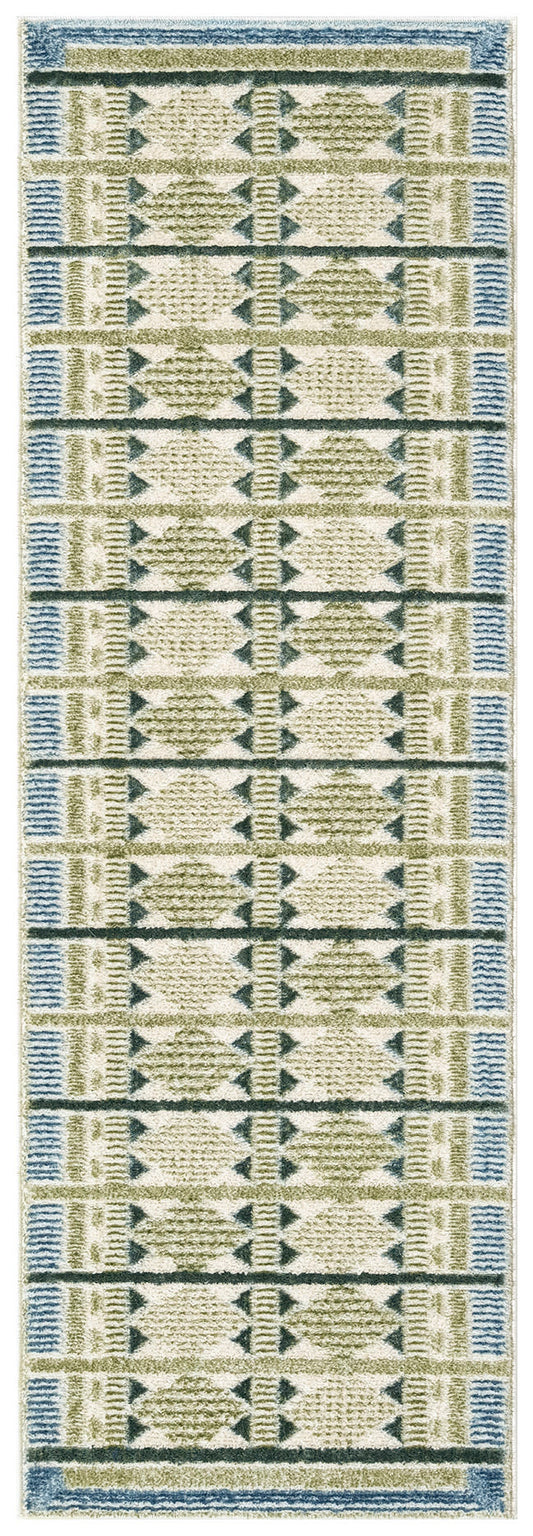 Beige woven runner rug with blue & olive geometric tribal pattern, plush tufted pile, long narrow design.