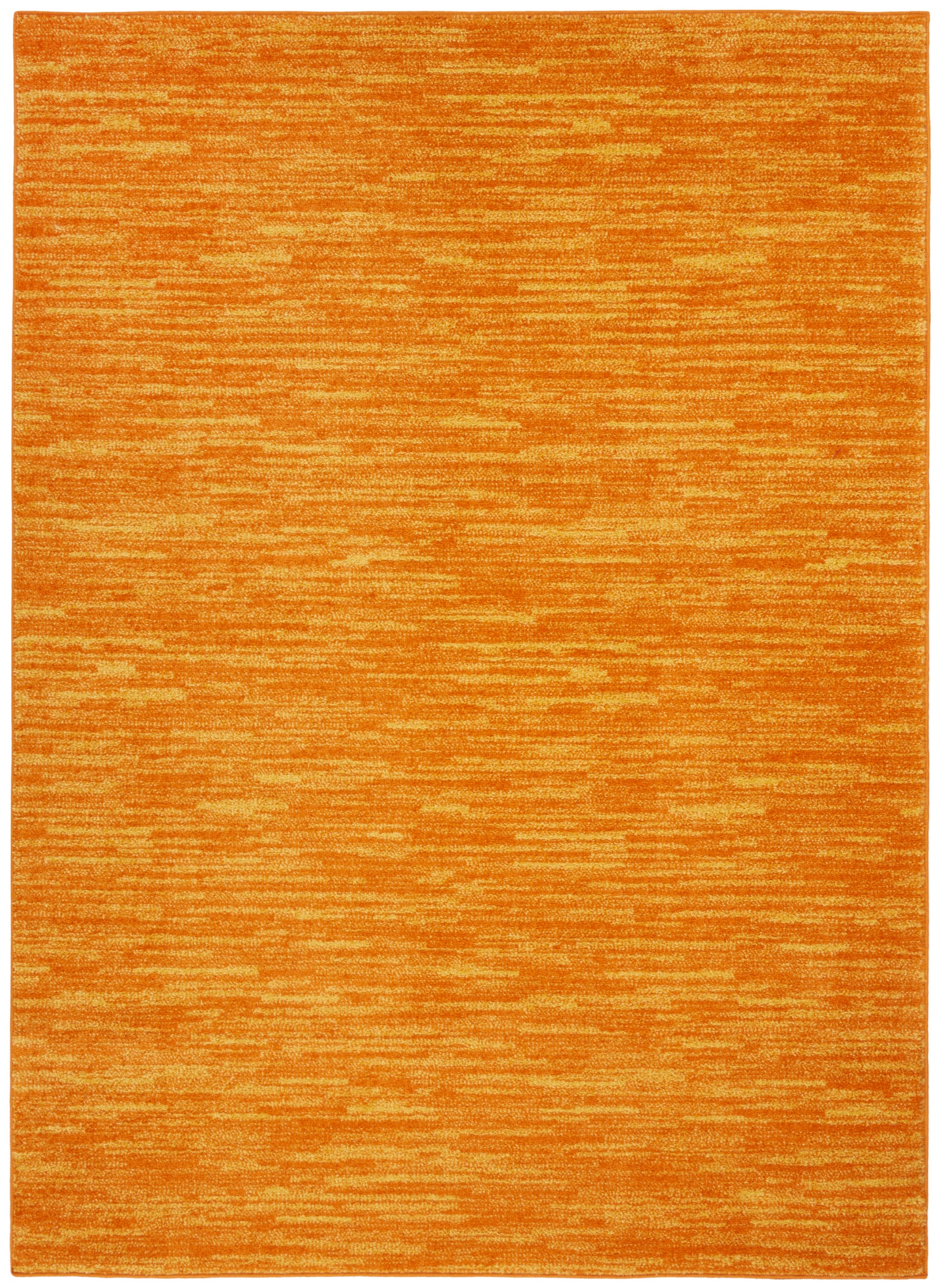 Bright orange rectangular rug with subtle lighter orange horizontal striations; modern flat-weave style.