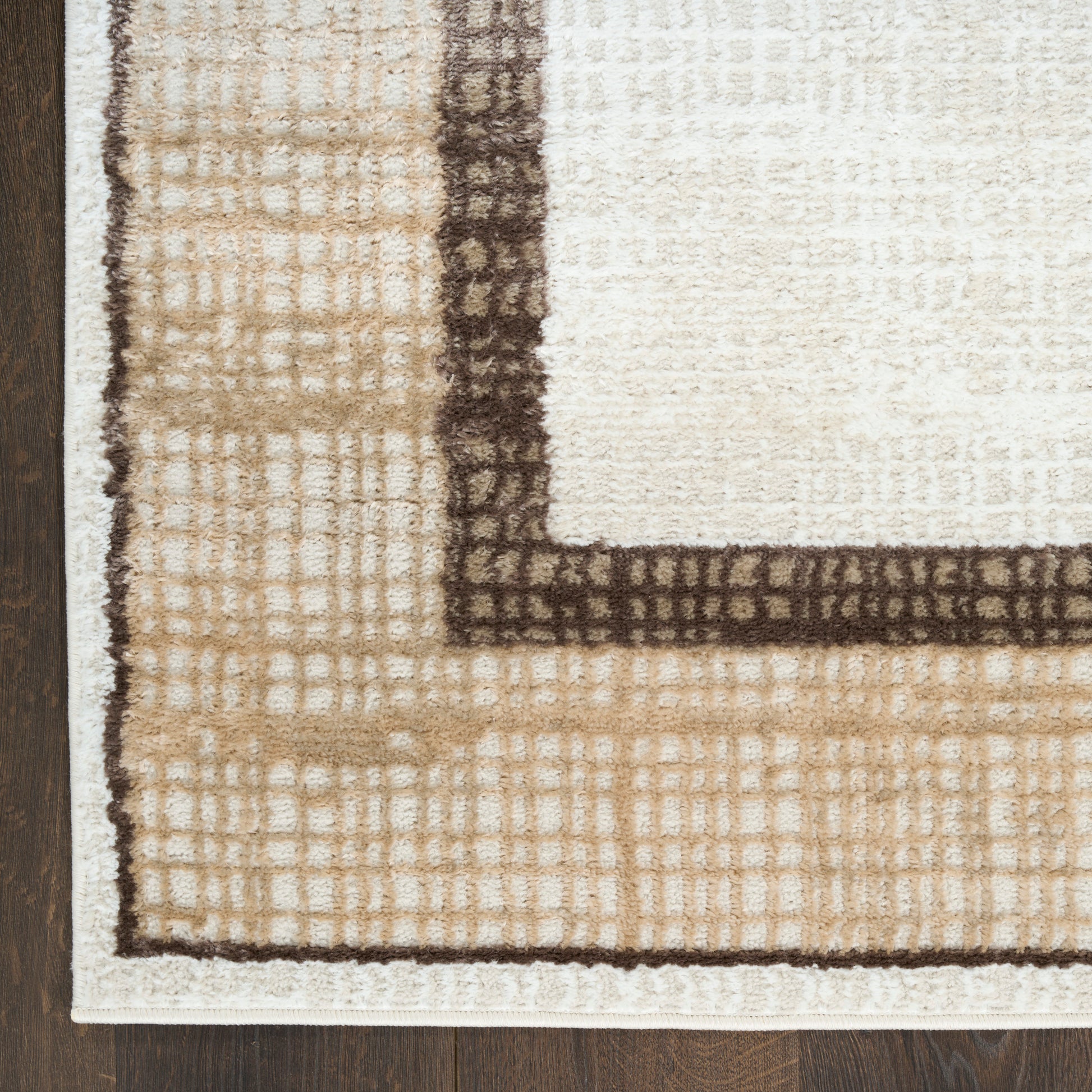 Neutral beige and ivory area rug with a dark brown border, subtle grid pattern, plush pile for living room.