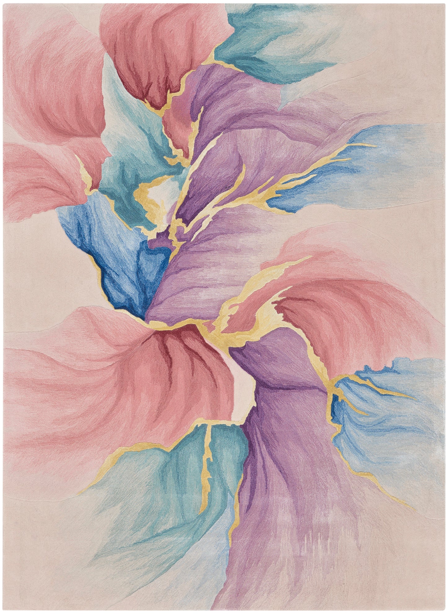 Pastel abstract floral design in pink, purple, blue with yellow veins on a soft beige background.