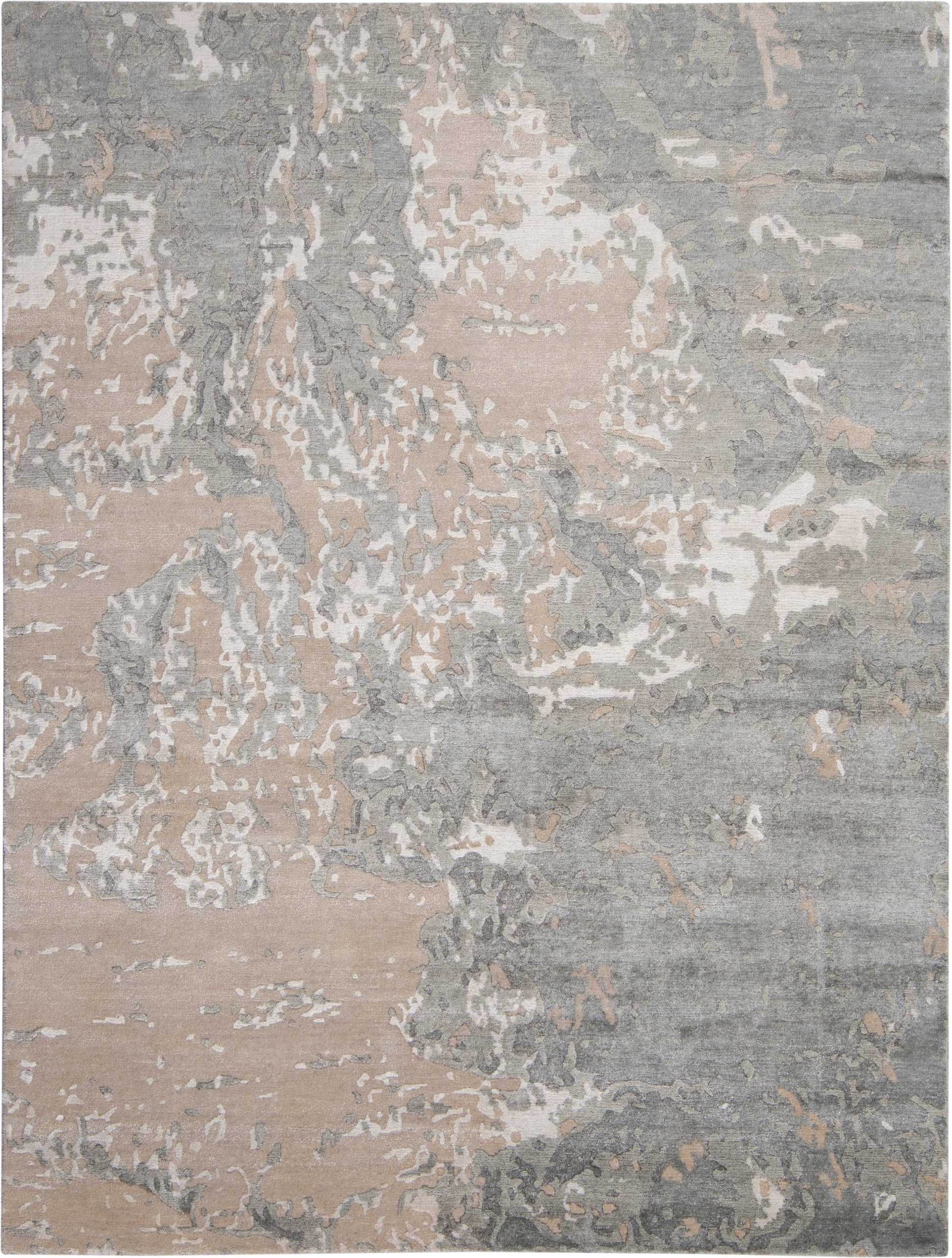 Abstract distressed area rug in beige, taupe & gray with soft, plush pile for modern living spaces.