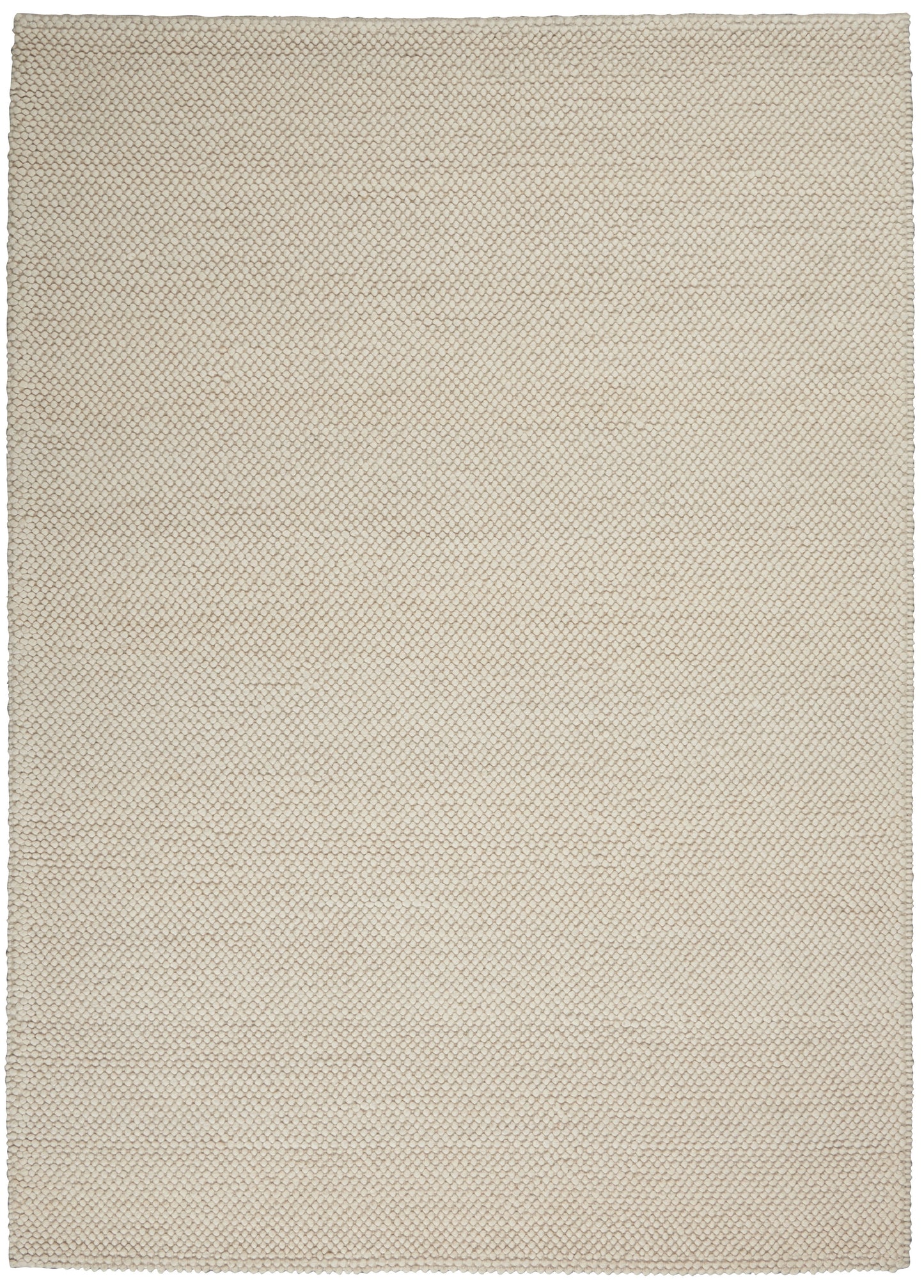 Beige rectangular woven boucle rug with tiny hexagonal loop texture; neutral modern home decor.
