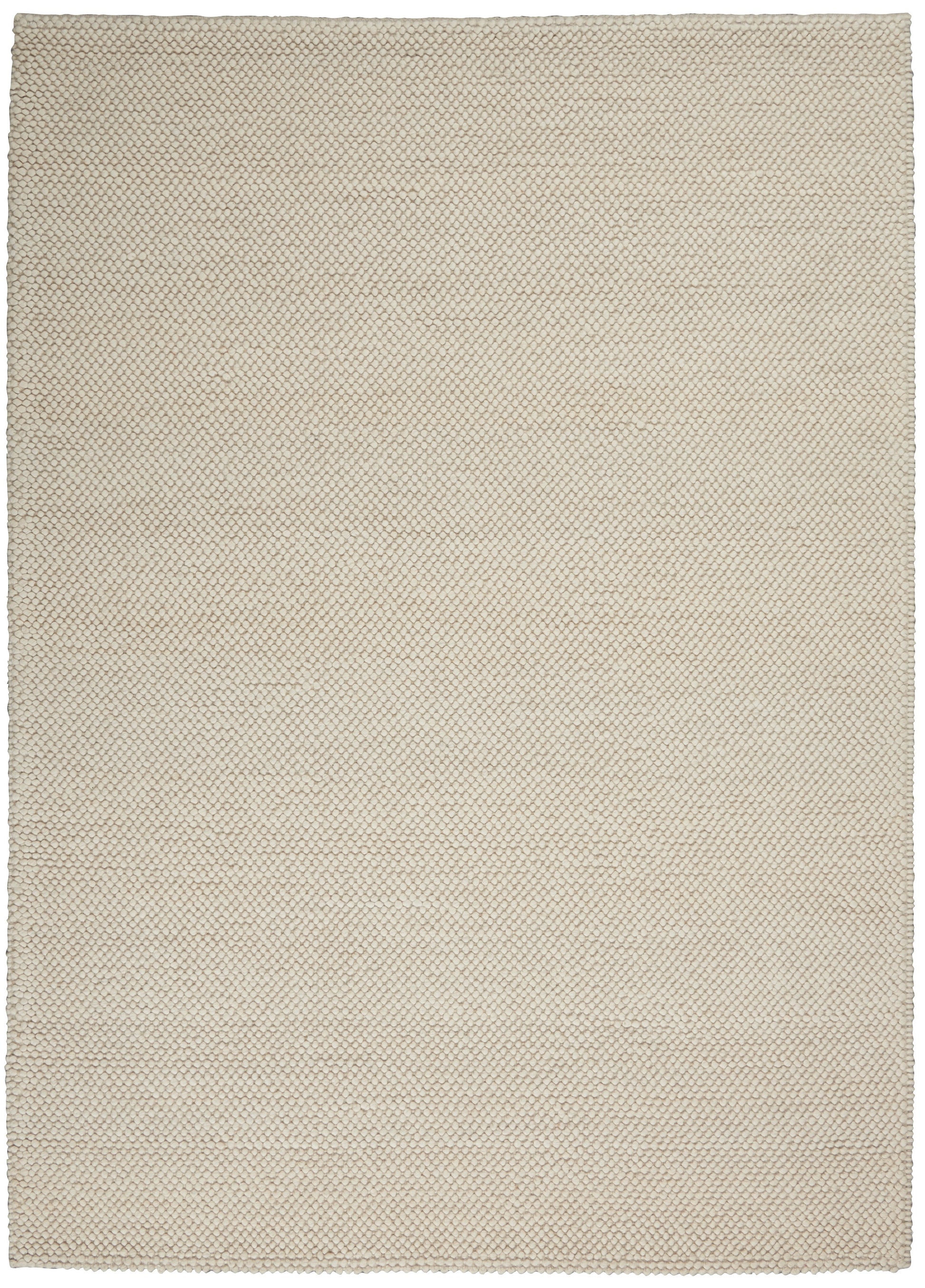 Beige rectangular woven boucle rug with tiny hexagonal loop texture; neutral modern home decor.