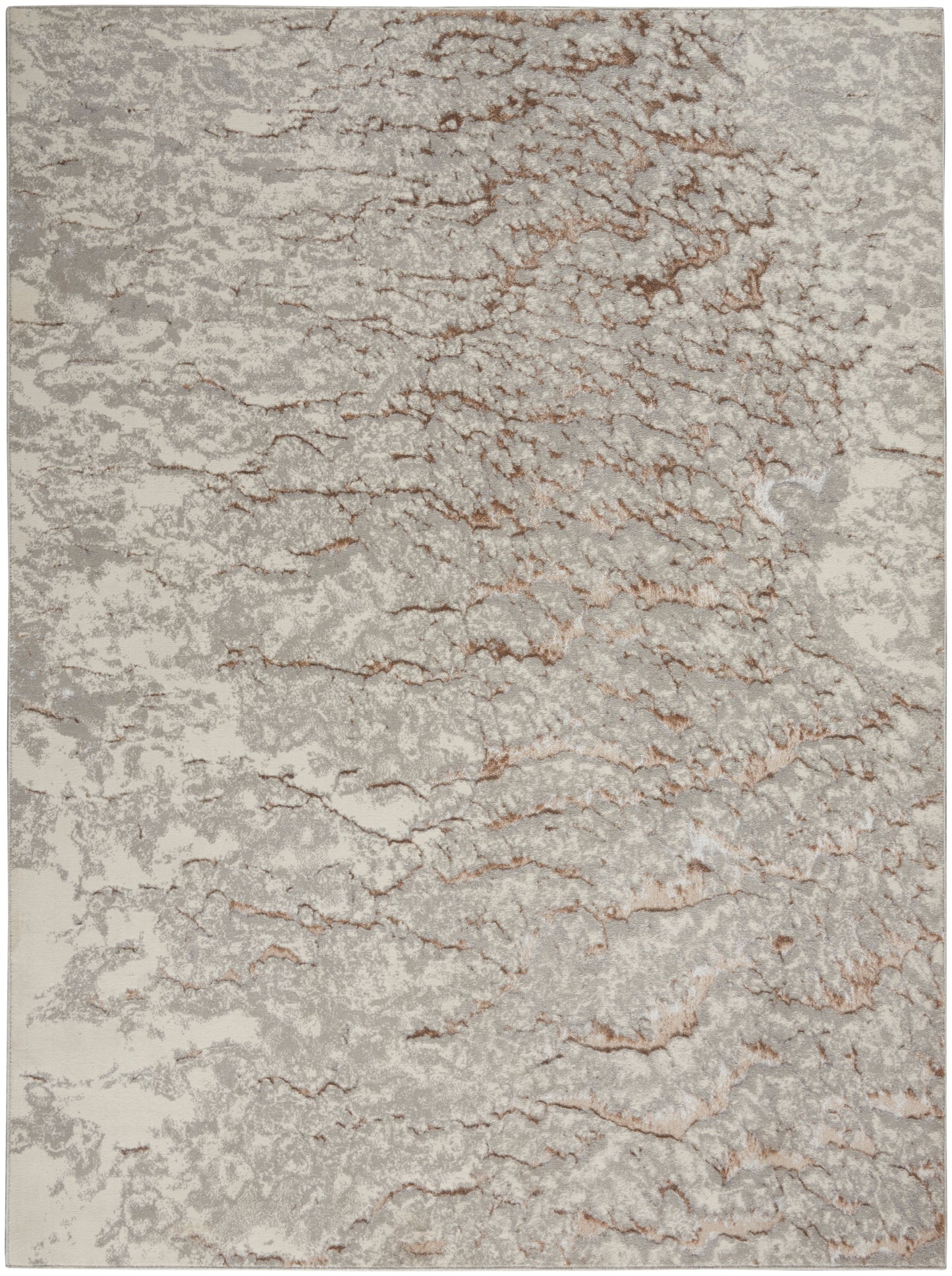 Gray area rug with copper metallic veining; abstract marble pattern and soft plush pile for modern living spaces.