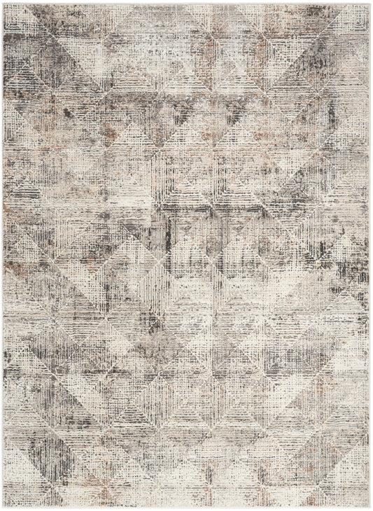 Neutral distressed area rug with geometric diamond pattern in beige, taupe and gray; vintage-inspired rectangular rug.