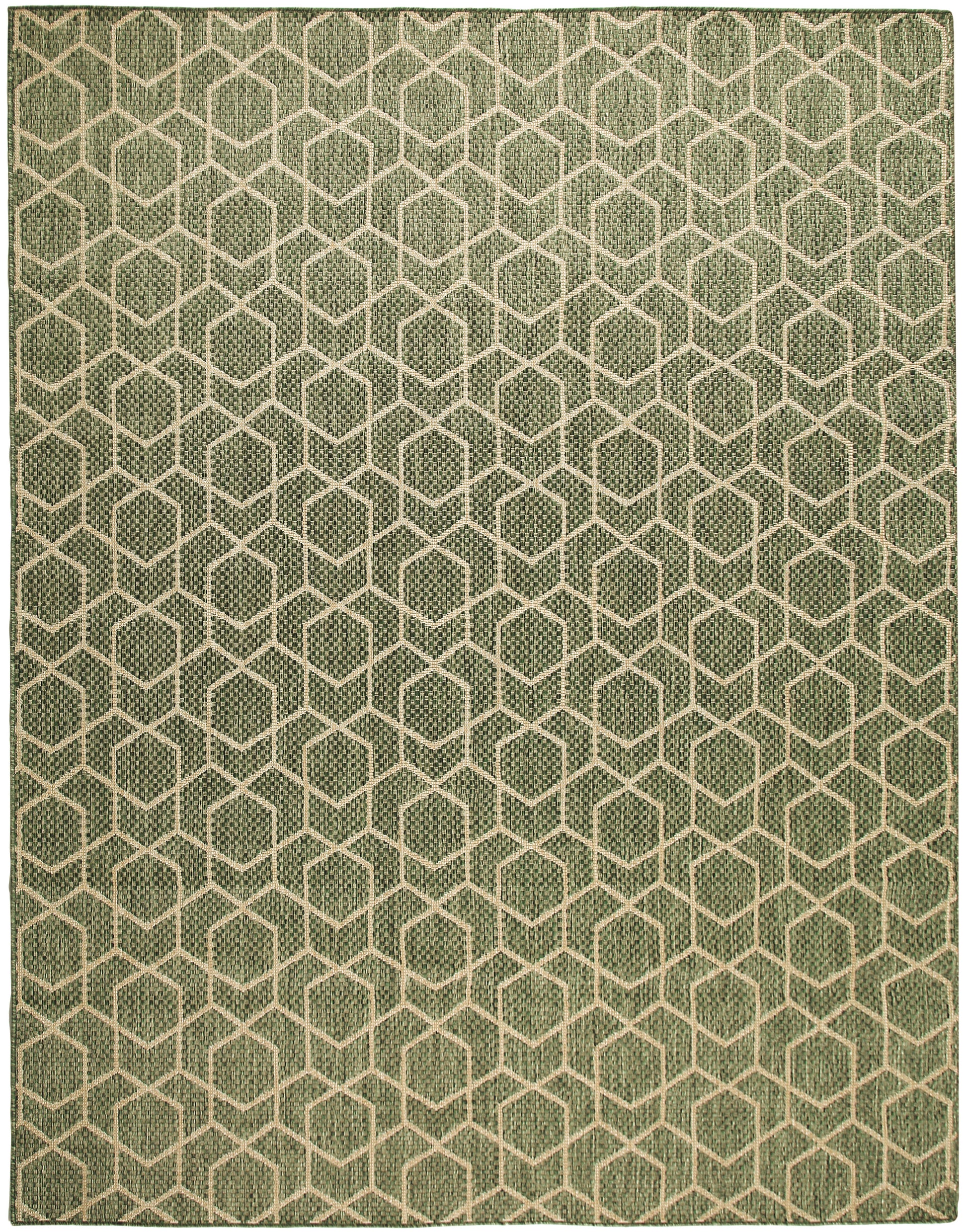 Green woven rug with cream geometric hexagon lattice; rectangular, textured surface.