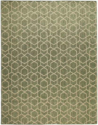 Green woven rug with cream geometric hexagon lattice; rectangular, textured surface.