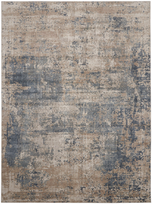 Rectangular distressed area rug in beige and blue-gray, woven, vintage-inspired abstract pattern for living room decor.