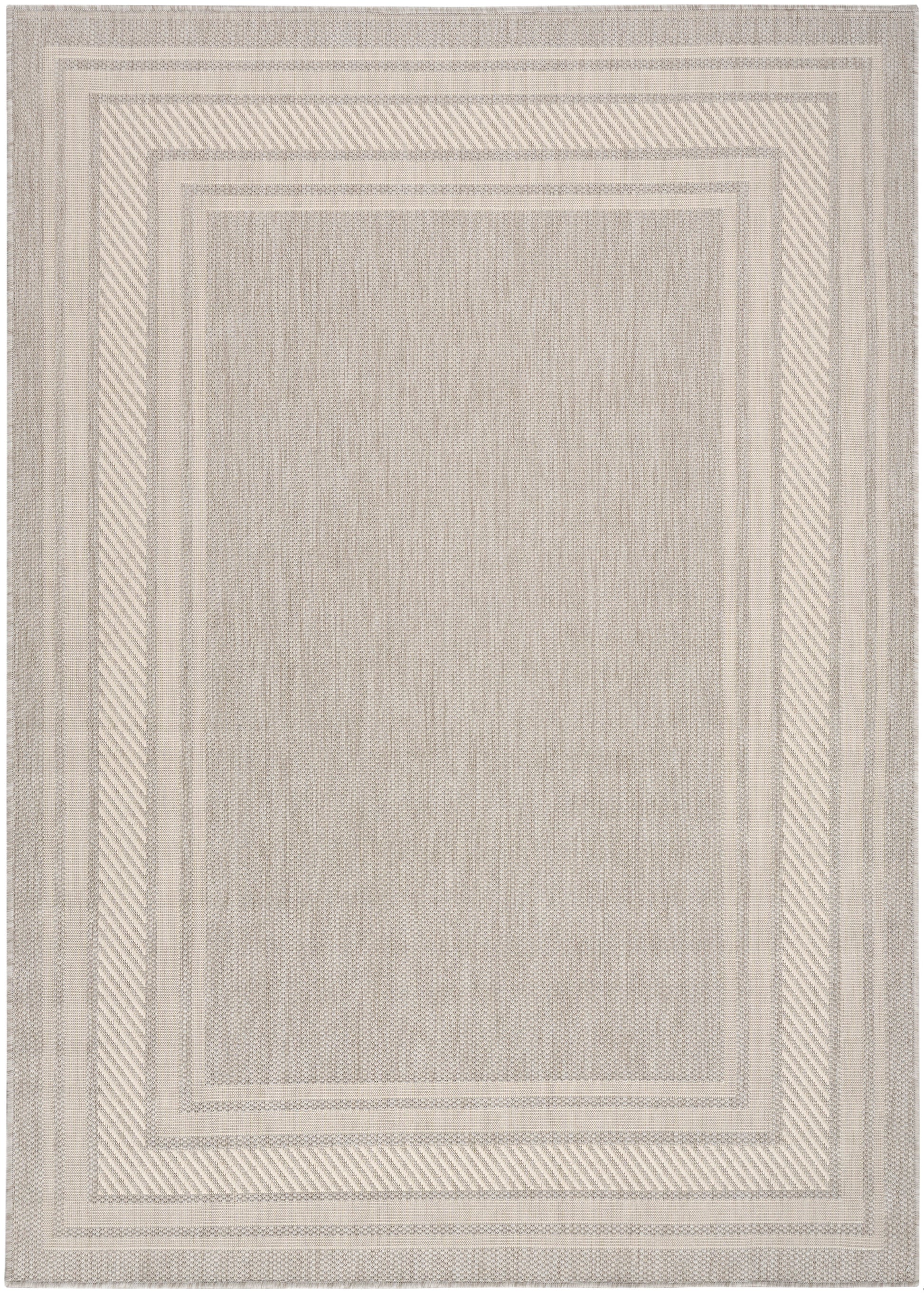 Beige rectangular rug with layered cream borders and subtle woven texture; neutral, versatile floor covering.