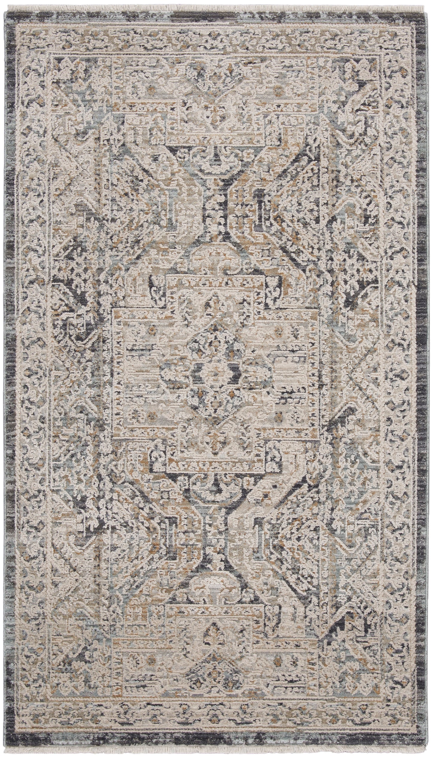 Ivory, beige and blue ornate rug with central medallion, intricate border and fringed edges, 3' x 5'.