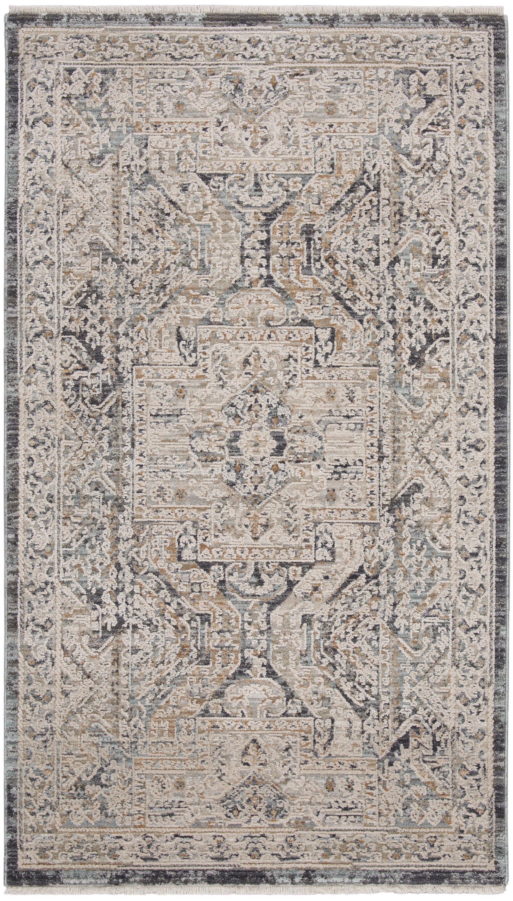 Ivory, beige and blue ornate rug with central medallion, intricate border and fringed edges, 3' x 5'.