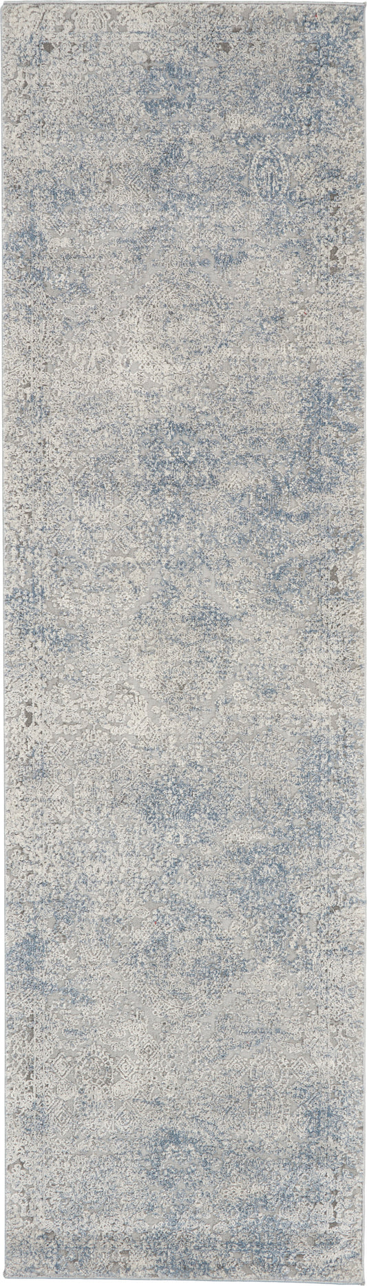 Blue-gray distressed antique-pattern rug runner with ivory motifs; vintage oriental style.