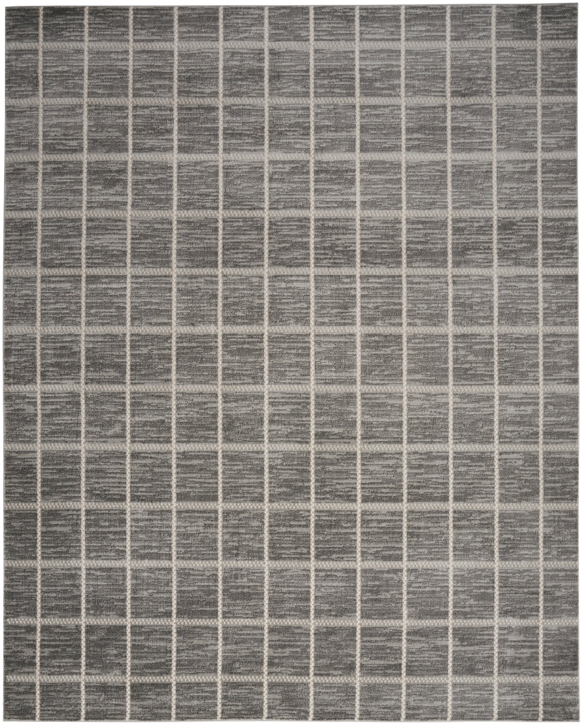 Gray geometric grid rug with cream lines; modern rectangular indoor floor decor.
