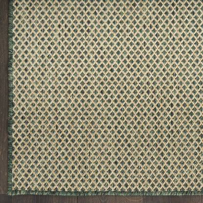 Rectangular woven rug featuring teal diamond lattice on beige field, with green fringe along left edge and bottom.