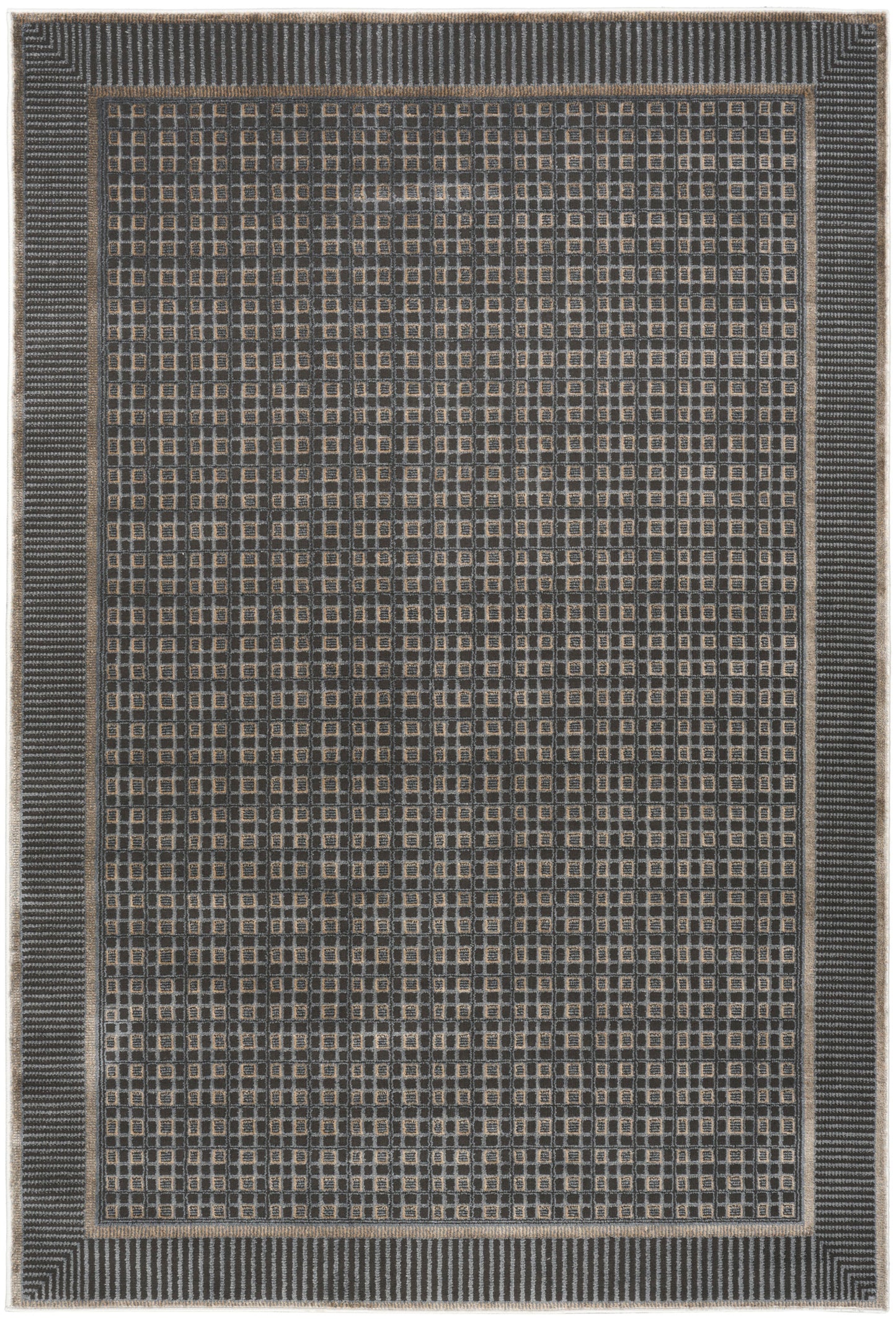 Charcoal flat-weave rug with tan square-grid pattern and striped borders; modern geometric look.